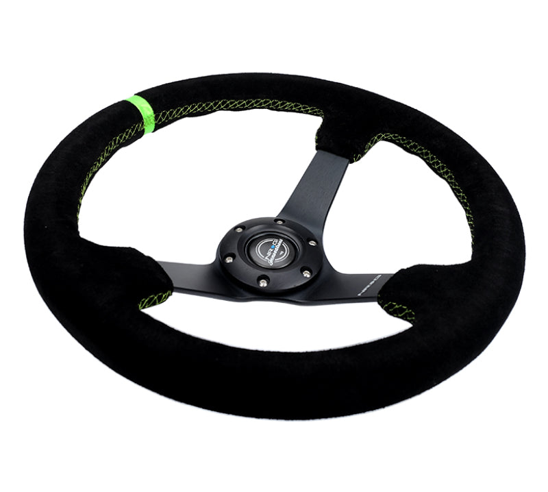 NRG reinforced 350mm deep black suede steering wheel with neon green stitching and 5mm matte black spoke detail.