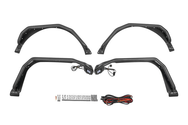 DV8 Offroad Jeep Wrangler JL Spec Series Tube Fenders in black, designed for 2018-2023 models, with rugged tubular construction.