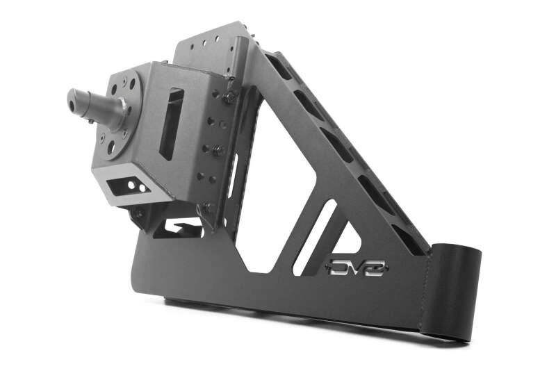 DV8 Offroad Jeep Wrangler JL MTO Series bumper spare tire swing gate tailgate accessory on black Jeep with mounted spare tire