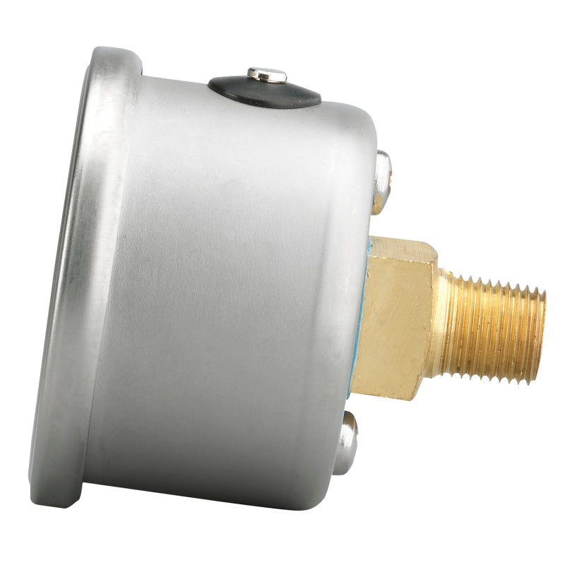 AutoMeter AutoGage 1.5-inch liquid-filled mechanical fuel pressure gauge showing 0-100 PSI with black dial and silver bezel.