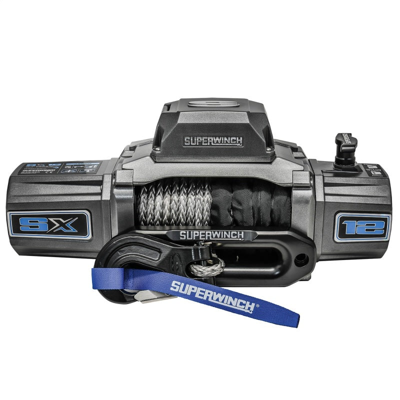 Superwinch 12000 LBS 12V DC winch with 3/8-inch x 80ft synthetic rope and graphite finish, designed for heavy-duty recovery.
