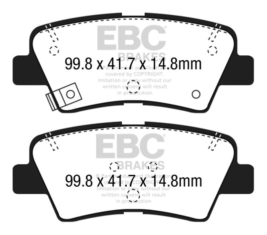 EBC 12+ Hyundai Elantra GT 2 Greenstuff rear brake pads for performance braking, shown with green friction material.