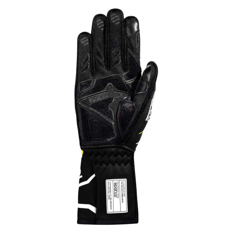 Black and yellow Sparco racing gloves with reinforced palms and adjustable wrist straps, designed for racing enthusiasts.