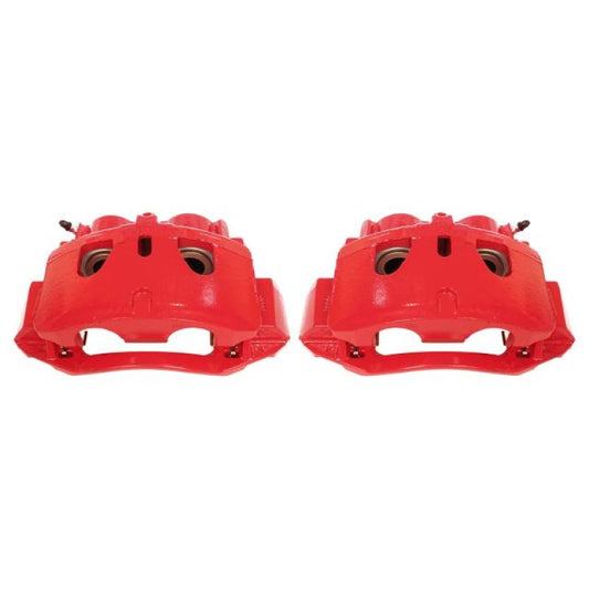 PowerStop performance front red brake calipers with brackets for Chevrolet Silverado 2500 HD, pair, in a detailed automotive image