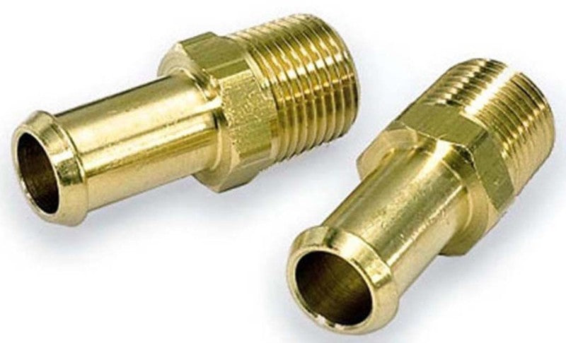 Moroso brass fuel hose fitting with 3/8 inch NPT to 3/8 inch hose connection for automotive use
