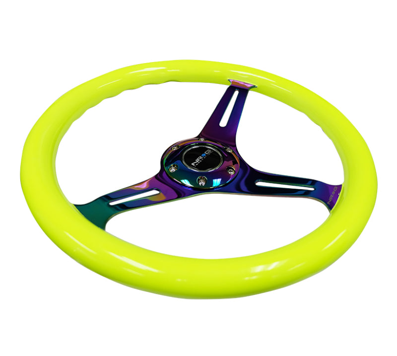 NRG Classic wood grain steering wheel with neon yellow color and neochrome spokes, 350mm diameter, for car interior customization.