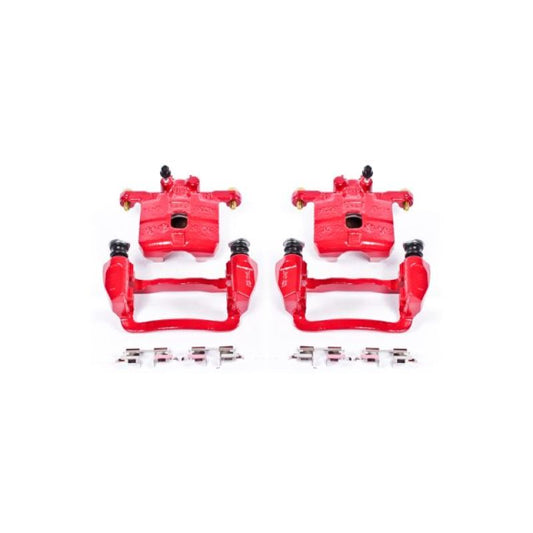 Pair of PowerStop rear red brake calipers with brackets for Saab 9-2X, high-performance disc brake replacement.