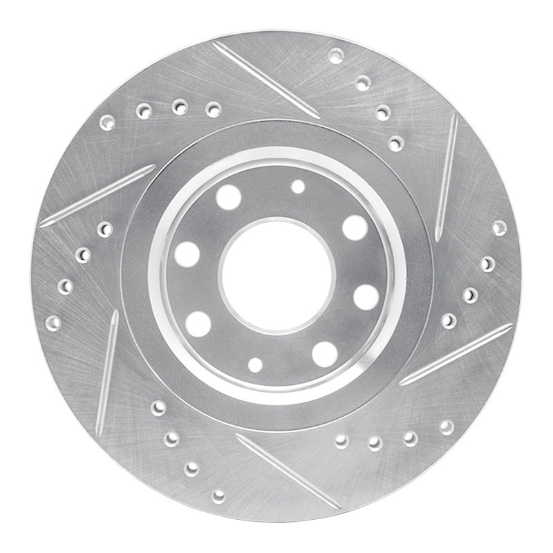 R1 Concepts silver front left drilled and slotted brake rotor for Chevrolet Aveo 2014-2017, USA/Canada, close-up view