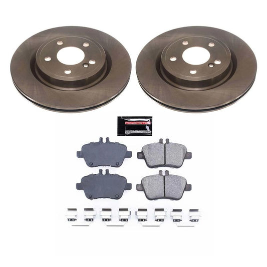 Rear PowerStop OE brake kit for Mercedes-Benz CLA250 (2014-2019), includes brake pads and rotors for enhanced braking performance.