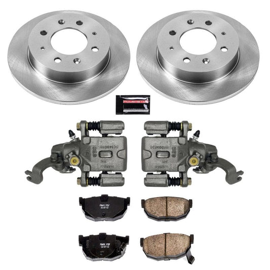 Rear PowerStop OE brake kit with calipers for 2004-2009 Kia Spectra, including brake rotors and hardware.