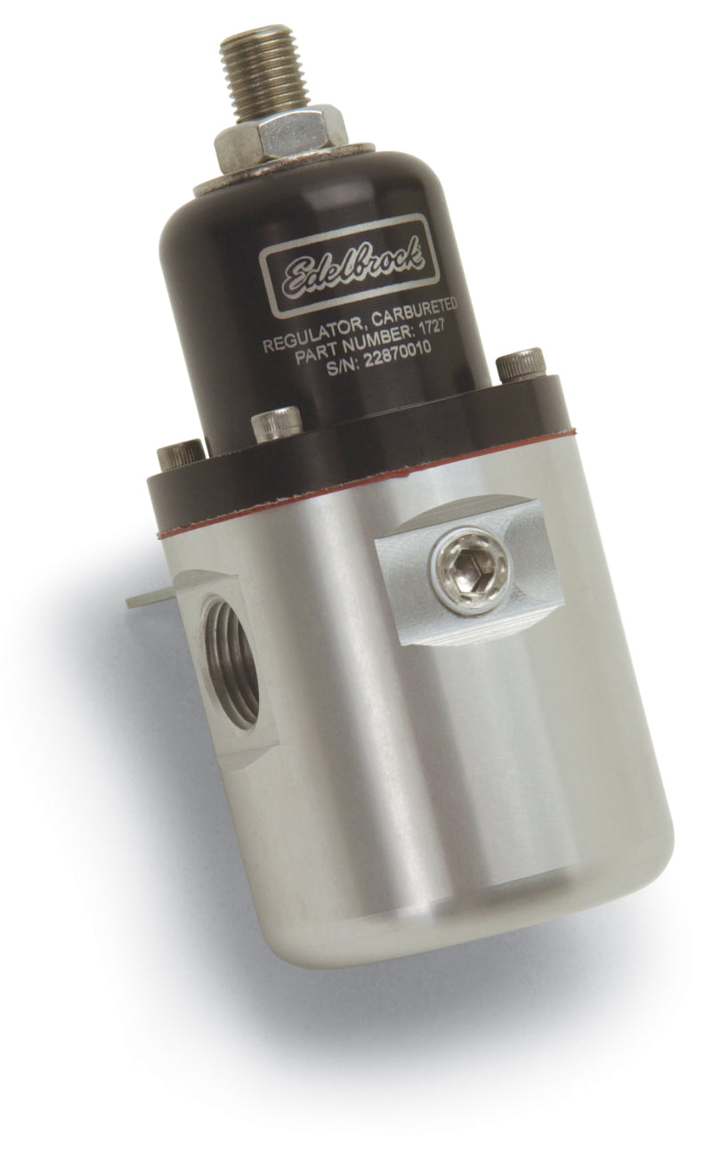 Edelbrock fuel pressure regulator for carbureted engines, blue and clear with 3/8 inch inlet, outlet, and return, 5-10 PSI, 160 GPH