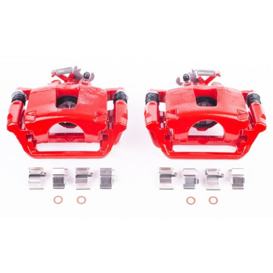 Pair of PowerStop rear red brake calipers with brackets for Chrysler Town & Country 2012-2016, high-performance automotive brake parts.