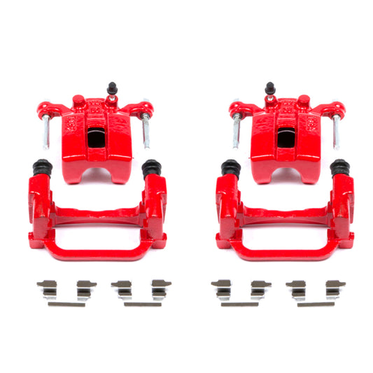Pair of PowerStop rear red brake calipers with brackets for Infiniti G35 2005-2008, showing the calipers installed on the vehicle.