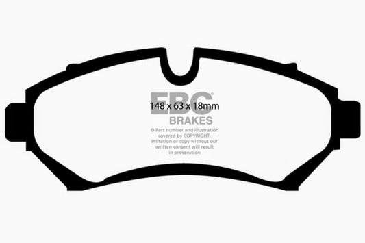 EBC Ultimax2 front brake pads for Cadillac Seville 1998-2004, OE style, high-performance brake pad set, black with metal backing plates.