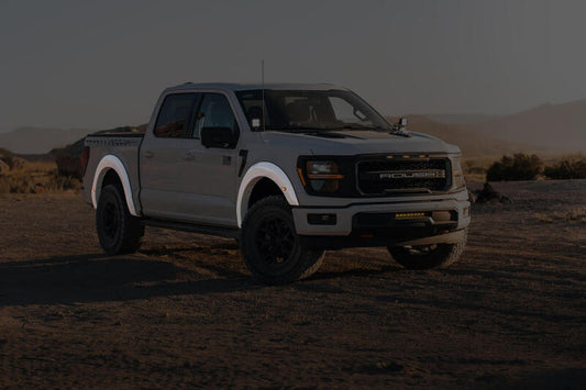 Roush Ford F-150 Fender Flare Kit in prime finish, designed for 2018-2024 model trucks, enhances style and protection.