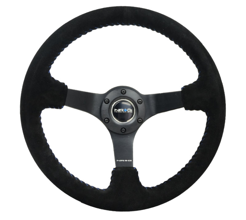 NRG reinforced 350mm black suede steering wheel with blue basketball stitching and 5mm matte black spokes for sports car interior.