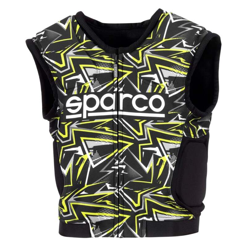Black and yellow Sparco SJ Pro K-3 120 textile racing vest with branding and reflective details, designed for motorsport safety.