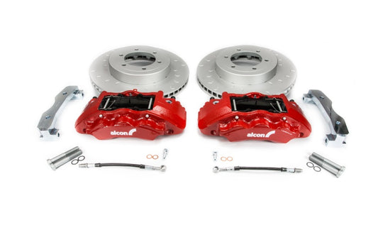 Alcon Toyota Tacoma big brake kit with red 6-piston calipers, 17-inch wheels, 352x30mm rotors, front installation.