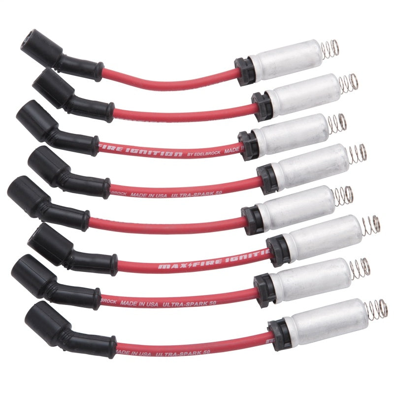 Edelbrock LS spark plug wire set with metal sleeves, 8 red wires, 50 ohm resistance, designed for 1999-2015 LS engines