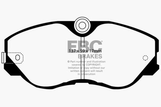 EBC Redstuff performance front brake pads for Nissan 300ZX 3.0 Turbo, showing the red brake pad material and metal backing plate.