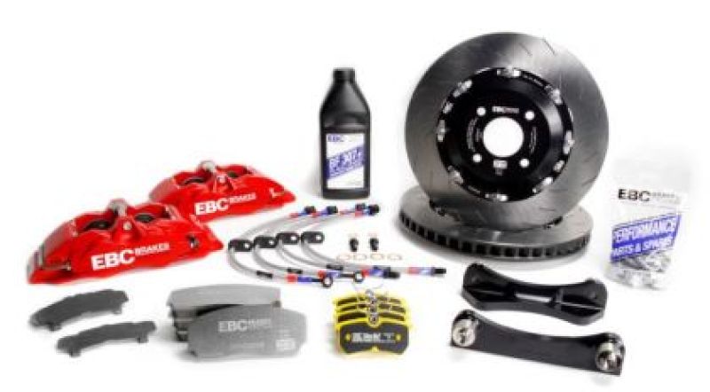 EBC Racing Fiat 500 Abarth big brake kit with red Apollo-4 calipers and 330mm rotors installed on front wheels.