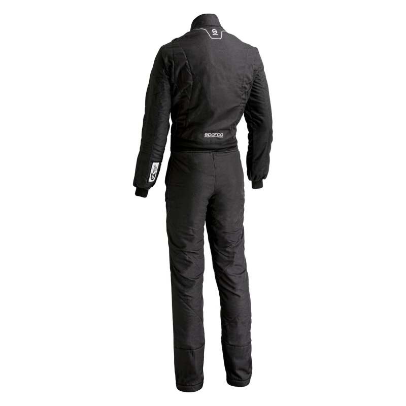 Black Sparco racing suit Stint 64 BLK with racing suit design and branding, made for professional motorsport drivers.