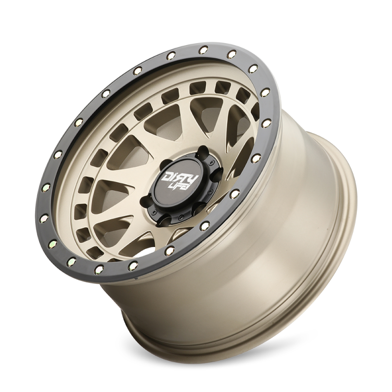 Dirty Life Enigma Pro 17x9 Satin Gold beadlock wheel with 5x127 bolt pattern, -12mm offset, and 71.5mm hub for off-road vehicles.