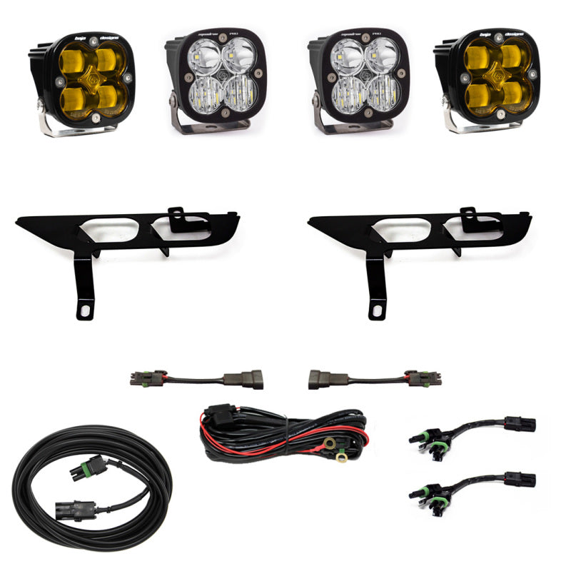 Baja Designs 2021+ Ford F150 fog pocket light kit with SAE Amber Squadron Pro LED light bar installed in vehicle fog pocket