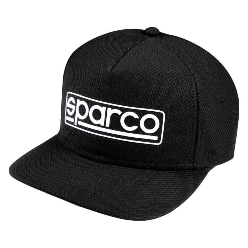 SPARCO Stretch Nero headwear cap, close-up view showing black fabric and comfortable fit, designed for racing and casual wear.