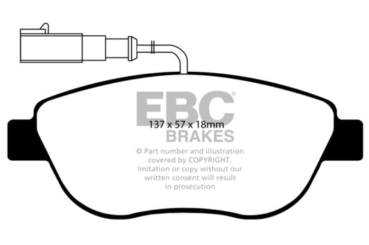 EBC Redstuff front brake pads for Fiat 500 1.4 Turbo Abarth performance braking, showing the red friction material and metal backing plate.