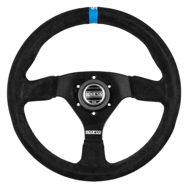 Black Sparco steering wheel with suede grip and logo, designed for racing and performance driving.