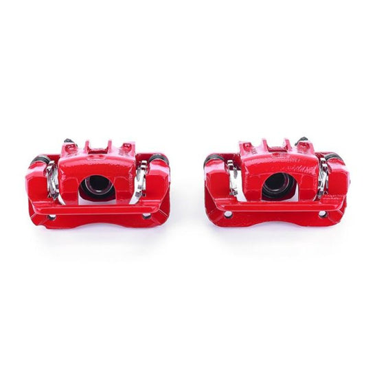 Pair of PowerStop rear red brake calipers with brackets for Hyundai Elantra 2007-2010, performance brake calipers for enhanced stopping power.