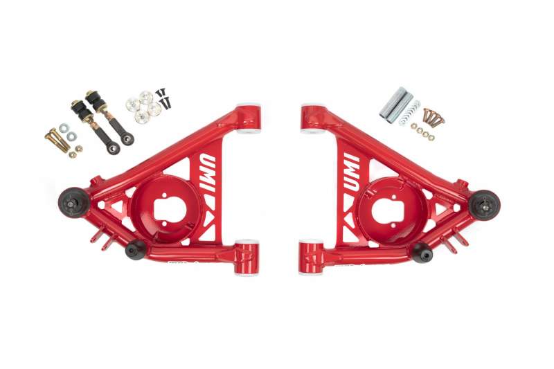 UMI Performance tubular front lower control arms for G-Body and S10 trucks, featuring Delrin bushings for improved handling.