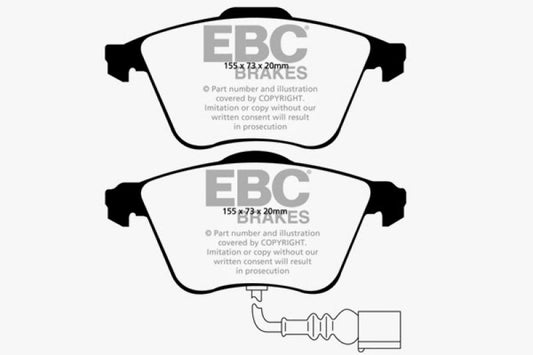 EBC Greenstuff front brake pads for Volkswagen Golf R 2.0 Turbo, performance brake pads with green friction material.