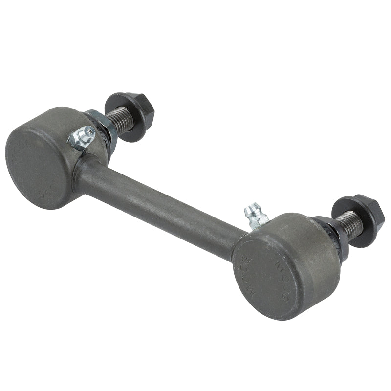 Moog rear sway bar endlink for 2005-2006 Nissan X-Trail, showing the metal link with rubber bushings for suspension stability.
