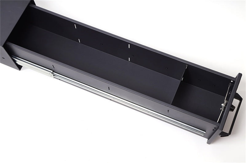 Dee Zee pull-out drawer for tool storage in tonneau box, measuring 60x10x10 inches, installed in a truck bed.