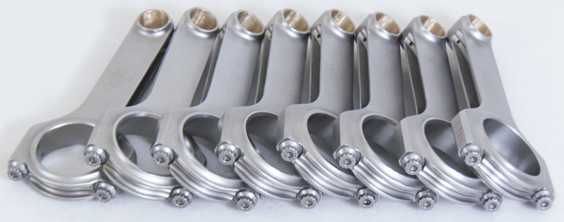 Eagle Chevrolet H-beam connecting rods set of 8 for 8-cylinder engines, showing black metal rods with precise machining and journal diameters