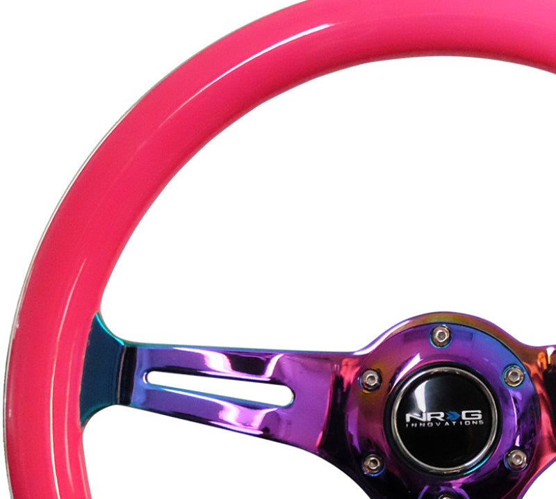 NRG Classic 350mm wood grain steering wheel with neon pink painted grip and neochrome 3-spoke center for racing cars.