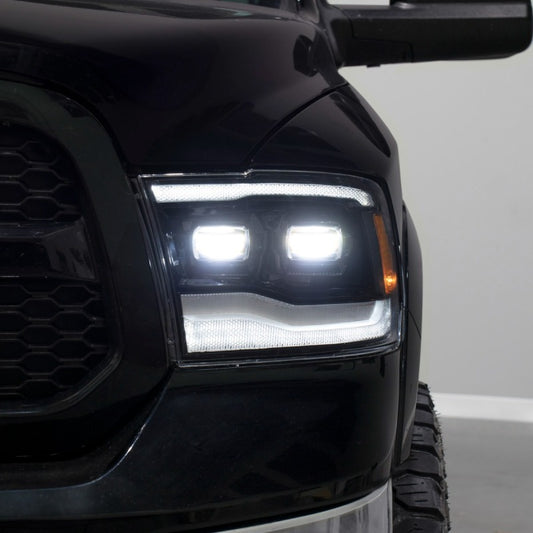 Pair of FORM Lighting sequential LED projector headlights for 2009-2018 Ram 1500, 2500, 3500 trucks, showcasing modern LED design.