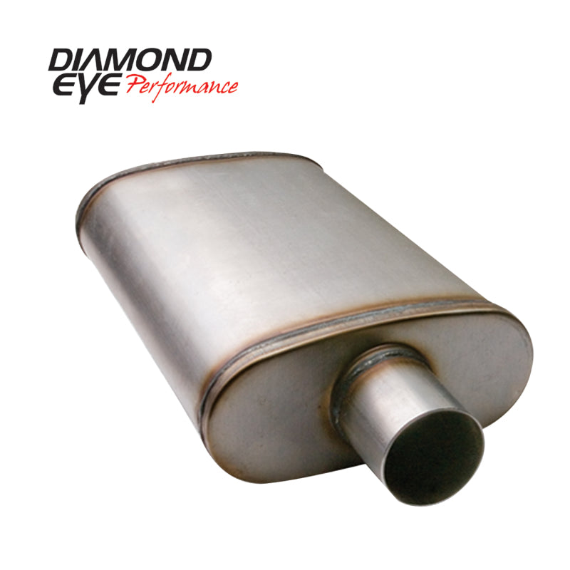 Diamond Eye Performance exhaust muffler with 3.5-inch inlet and oval body, 22-inch body length, 28-inch overall length, for enhanced vehicle sound.