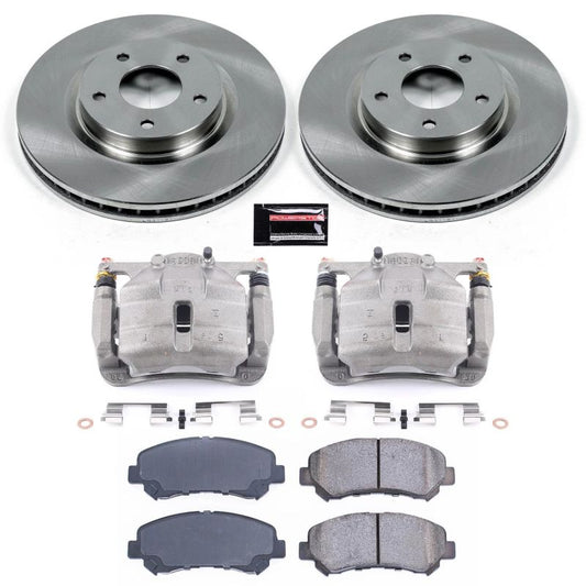 PowerStop OE front brake kit with calipers for Nissan Rogue (2008-2014), includes brake rotors and calipers.