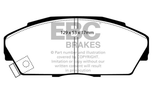 EBC Redstuff front brake pads for 92-94 Acura Integra 1.7 Vtec, performance brake pads with red friction material.