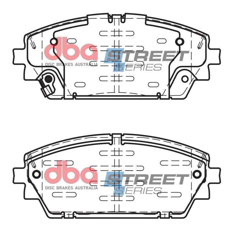 DBA 2019+ Mazda 3 BP Street Series front brake pads, OE style, with metallic friction surfaces and mounting hardware.
