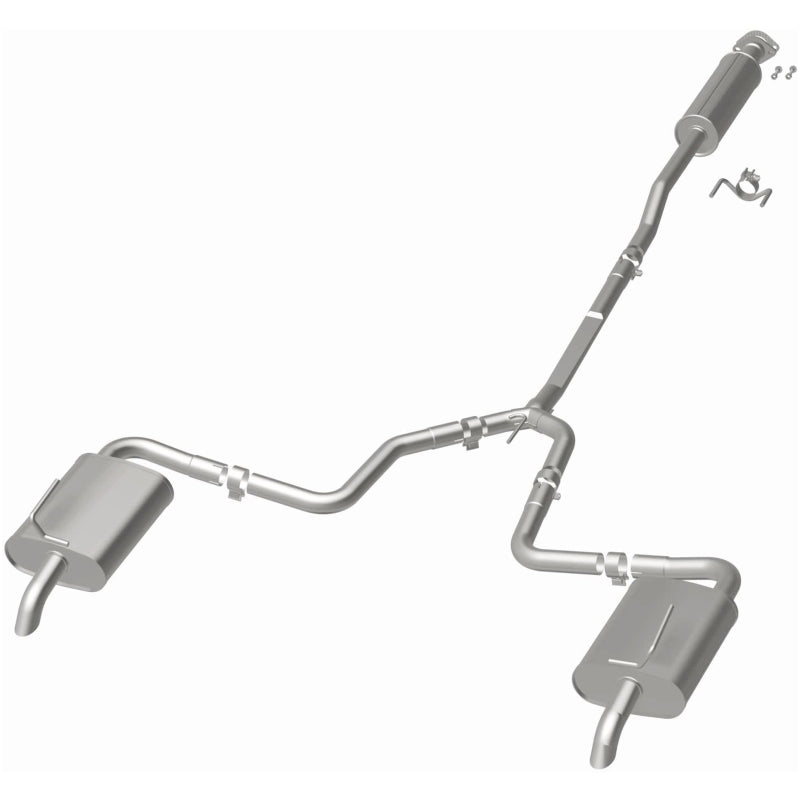 Magnaflow catback exhaust kit installed on a Nissan Altima 2.5L, showing the durable stainless steel piping and muffler system.