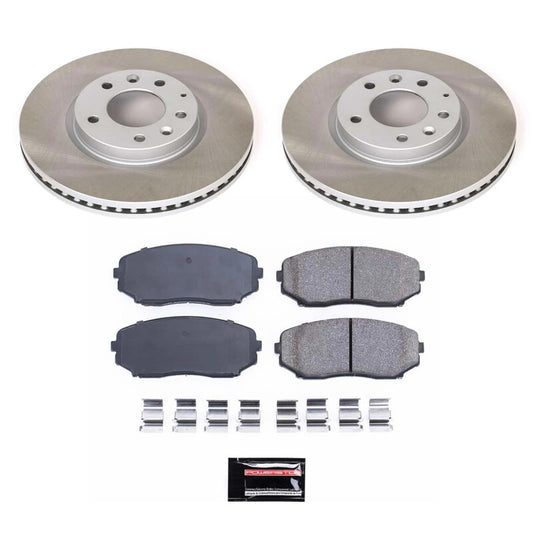 PowerStop front semi-coated brake rotor kit for Mazda CX-7 (2007-2012) with performance blank rotors and mounting hardware.