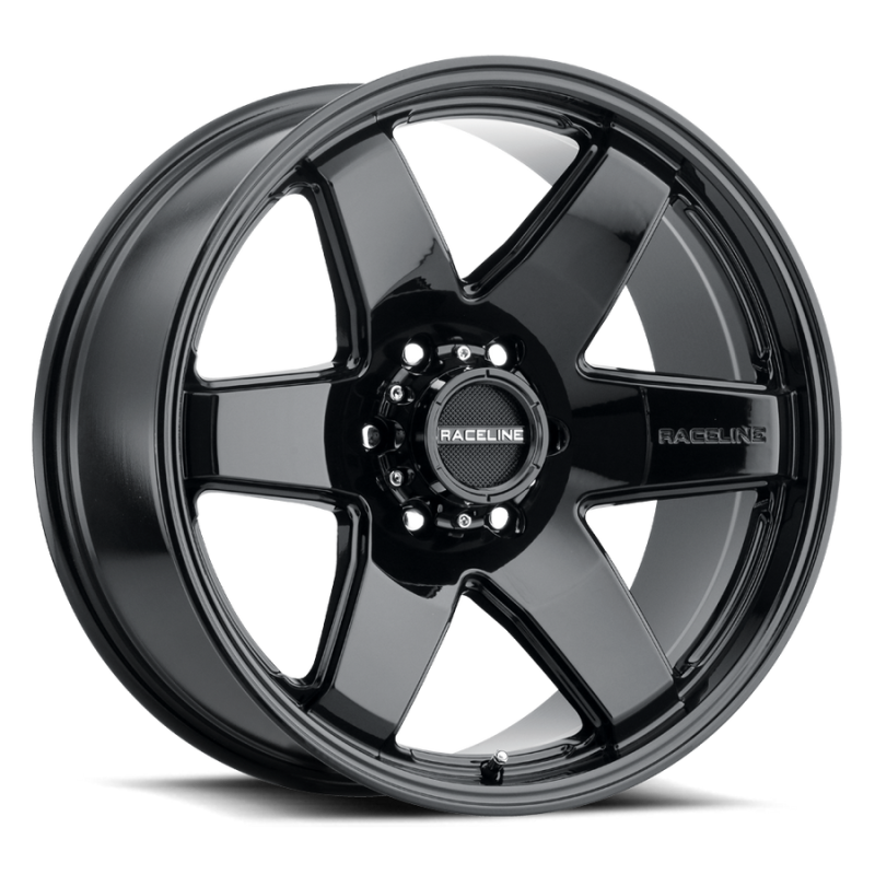 Raceline 942B Addict 20-inch cast wheel in gloss black, 5x150 bolt pattern, 18mm offset, 110.3mm bore, visible wheel design