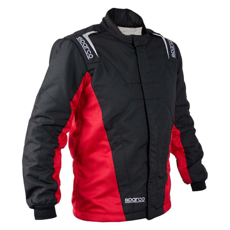 Sparco Stint 60 racing jacket in black and red with racing suit design, featuring branding and sporty fabric details.