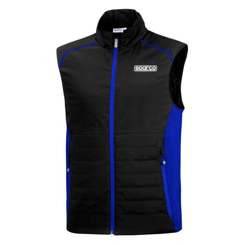 Black Sparco textile vest in small size with blue accents, designed for racing or casual wear.