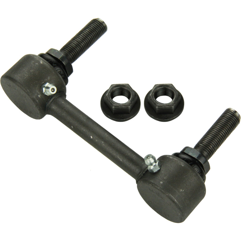 Moog Dodge Durango rear sway bar endlink, black metal part for suspension stability, shown in close-up.