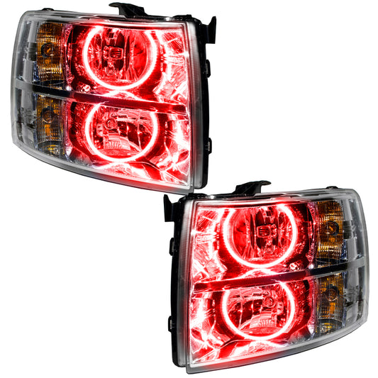 Oracle Lighting LED halo headlights for Chevrolet Silverado 2007-2013 in red with pre-assembled design, bright and durable automotive lighting.